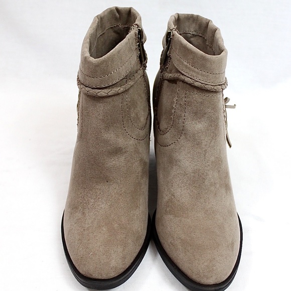 Taupe Suede Tassel Chunky Heeled Almond Toe Bootie - Picture 3 of 4